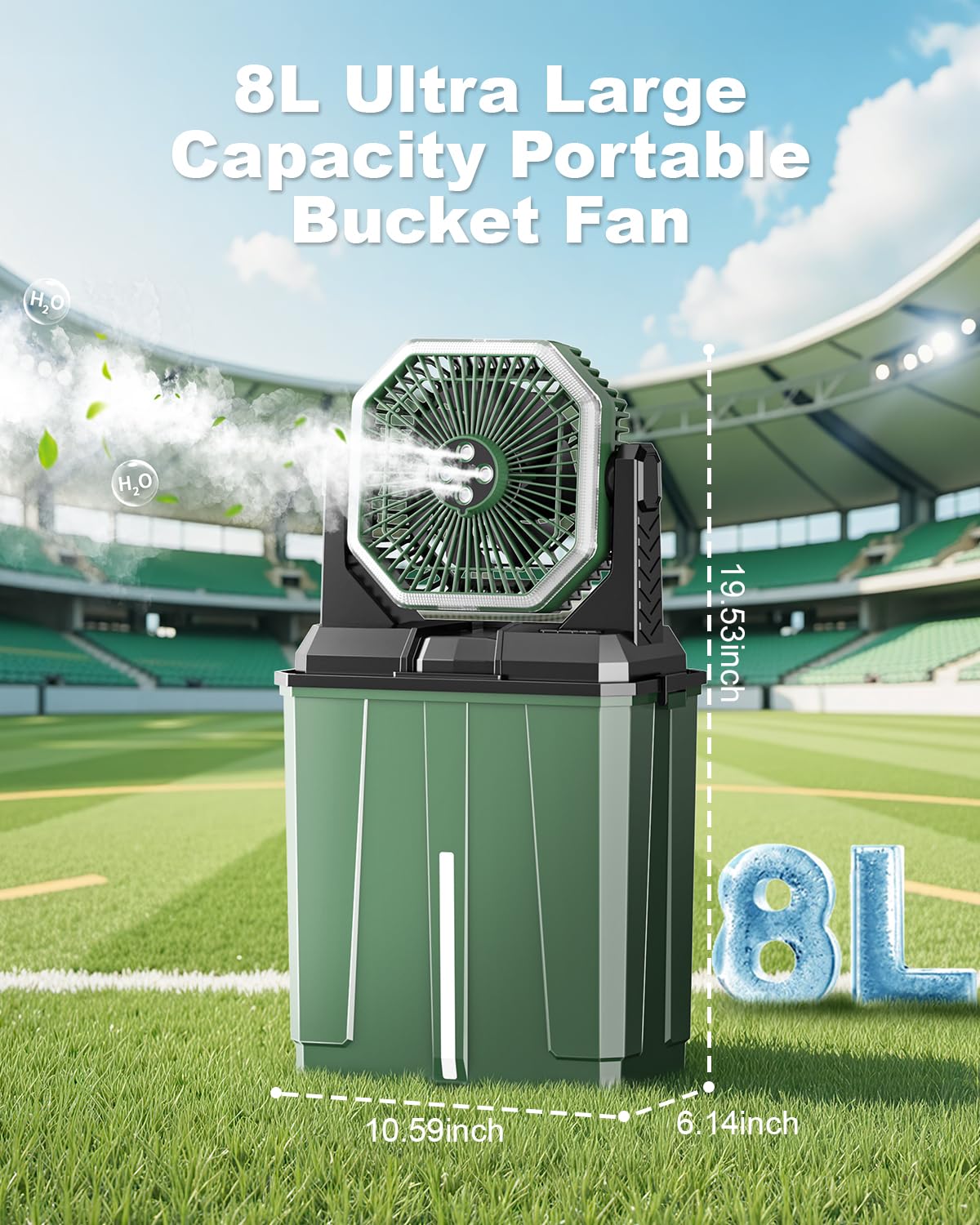 Coolice misting fan water tank in action enabling long-duration spray outdoors.