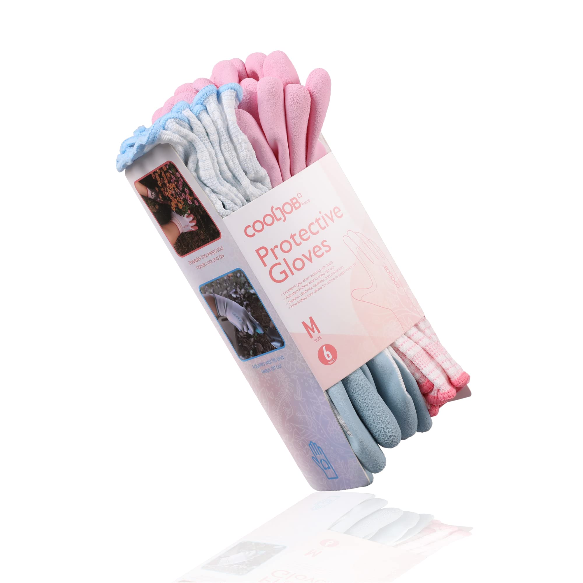 COOLJOB 6-pack gloves in blue and pink to organize tasks in the garden