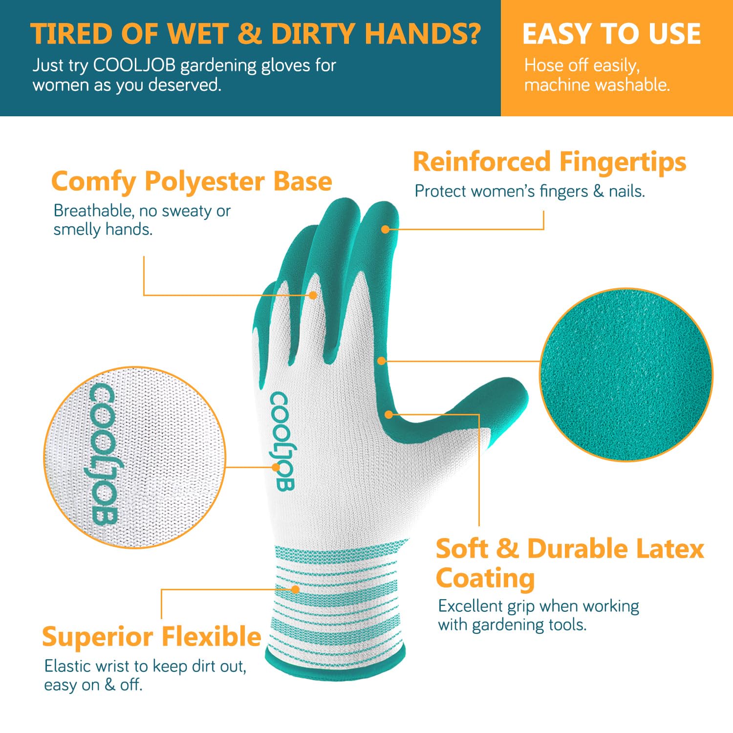 CoolJob women's gardening gloves close-up showing breathable knit and flexible coating for grip.