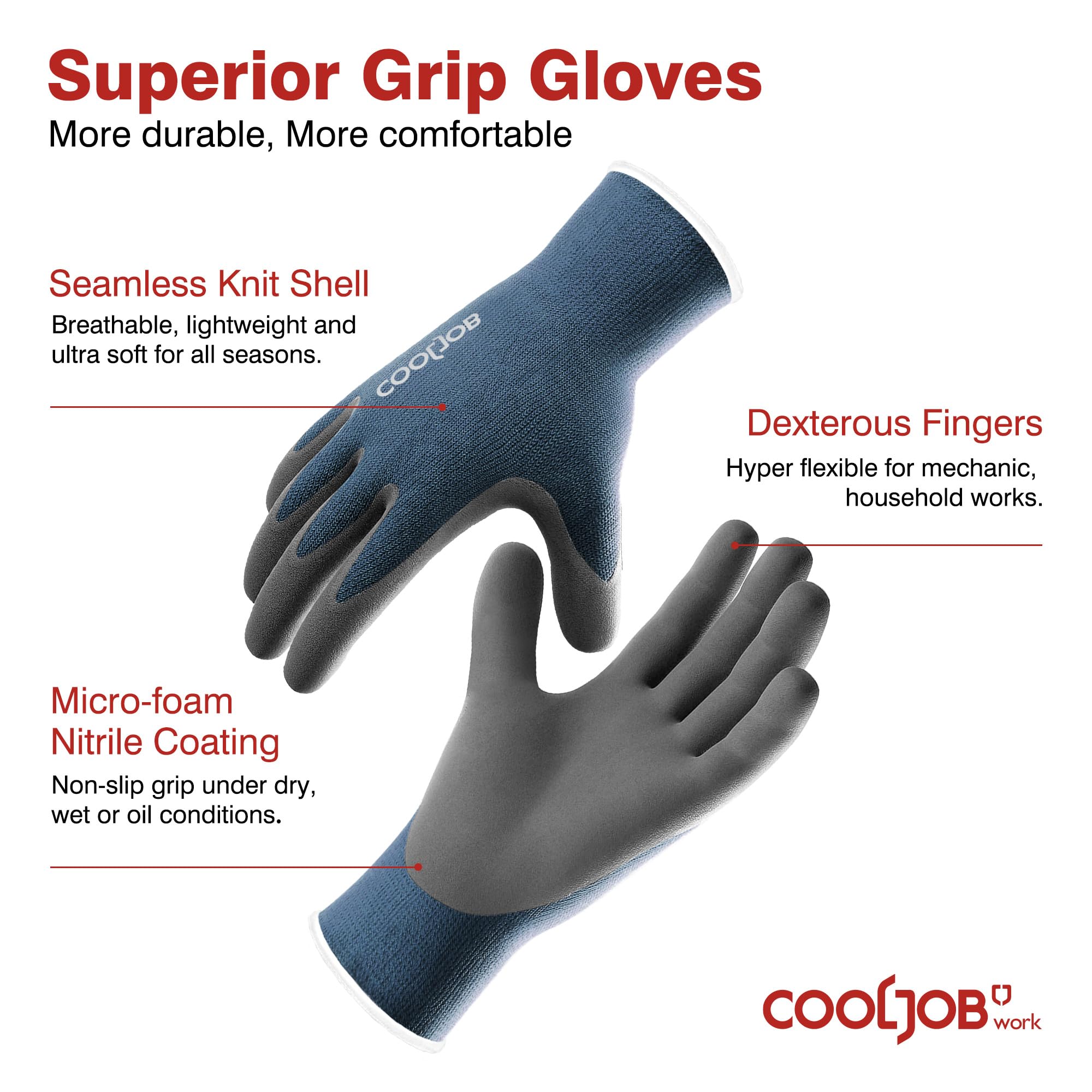 COOLJOB nitrile-coated gloves offer strong grip in dry, damp, and wet conditions
