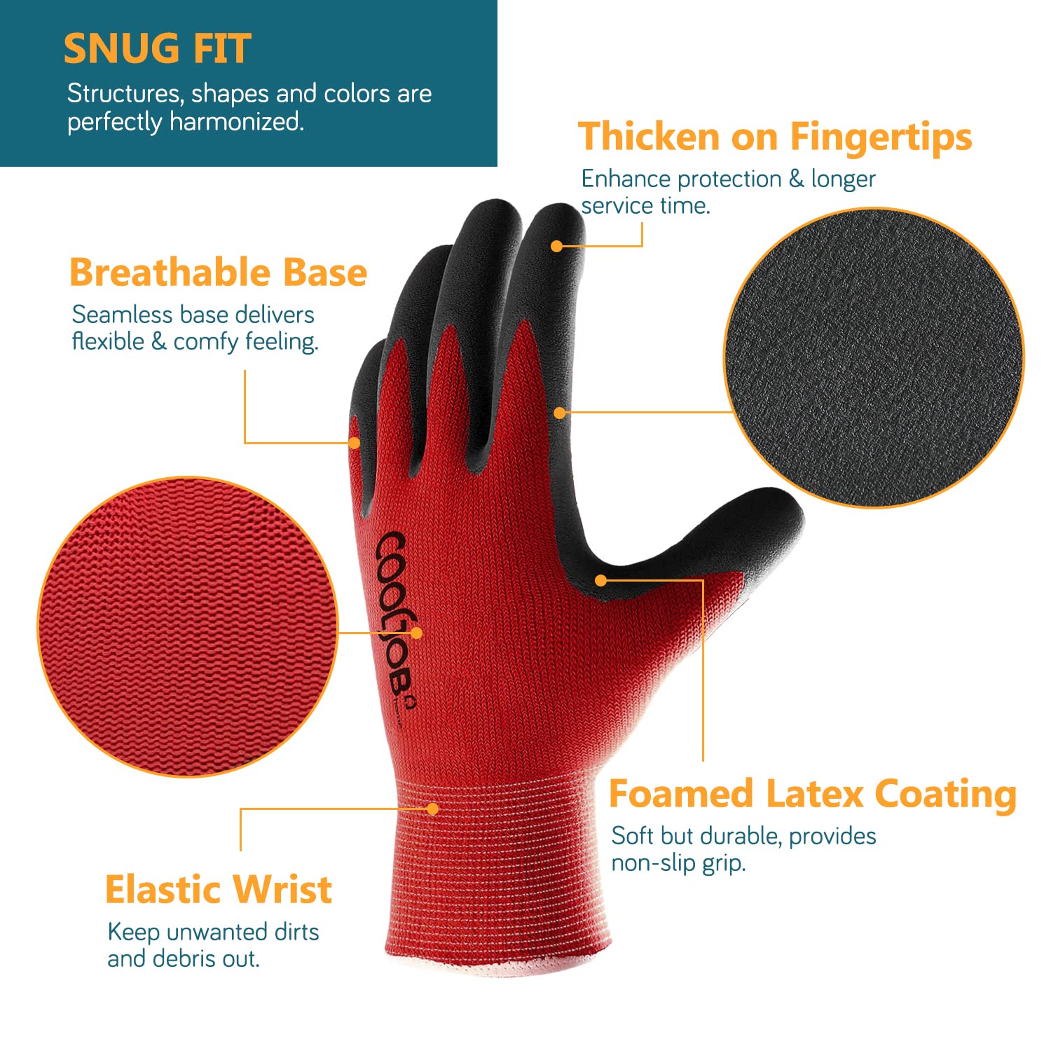 COOLJOB rubber-coated palms provide non-slip grip for tools in wet or dry conditions.