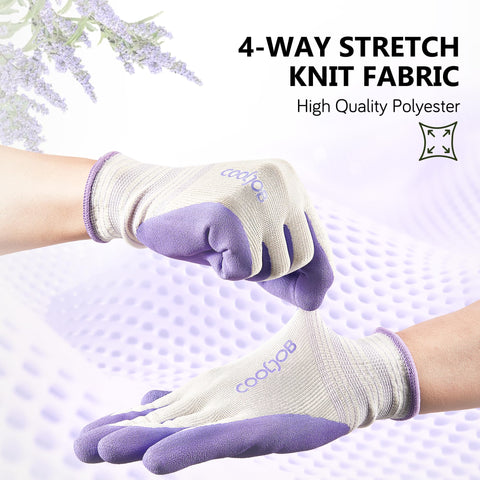 COOLJOB gloves in action weeding and digging; flexible coating reduces fatigue.