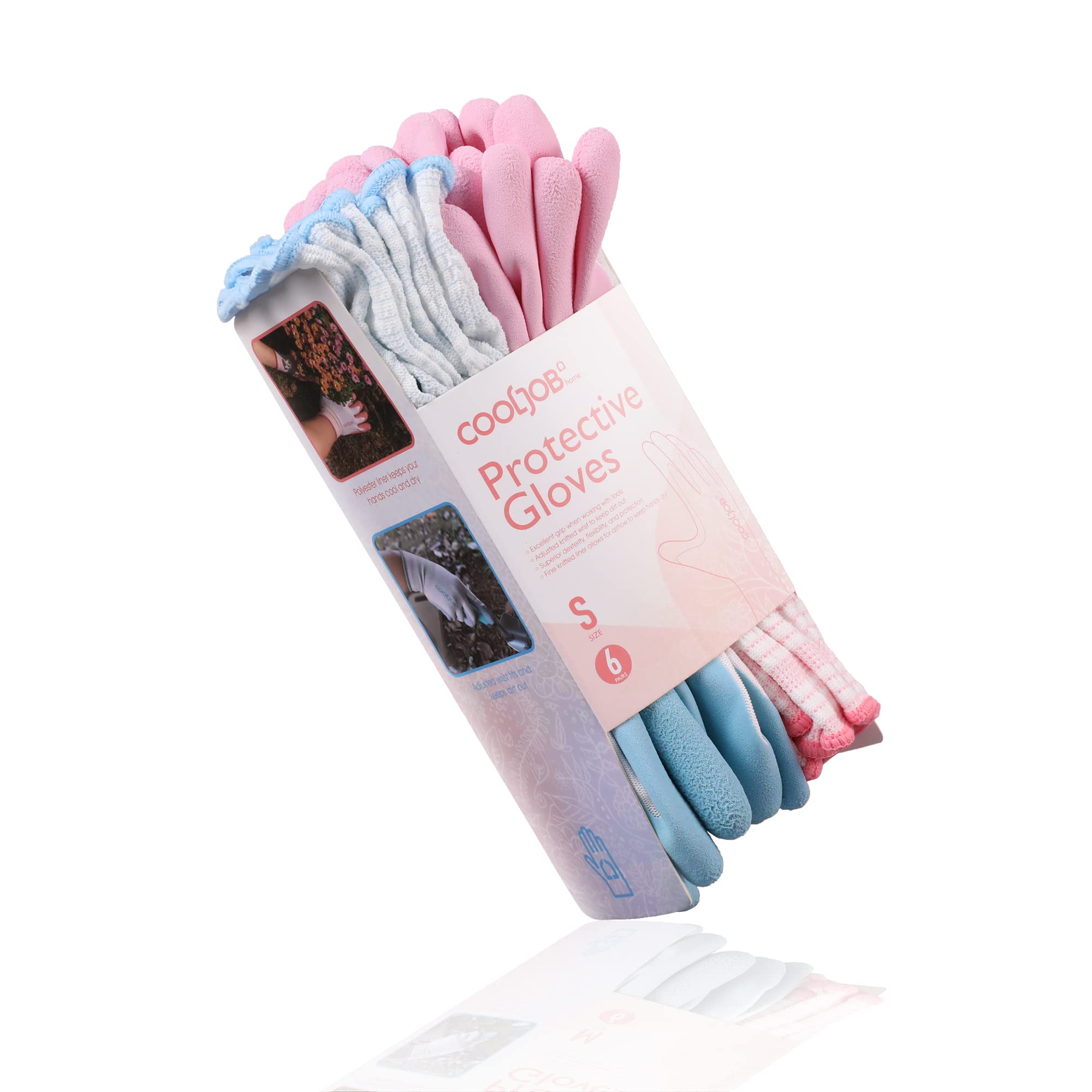 COOLJOB color-blocked blue and pink gloves improve visibility in the garden.