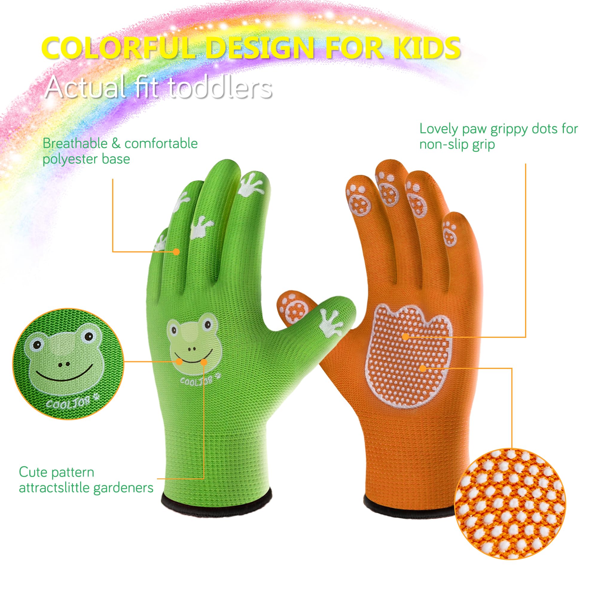 COOLJOB kids garden gloves with non-slip dots improve grip for tools.