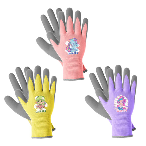 COOLJOB kids gardening gloves in purple, pink, and yellow for fun outdoor activities.