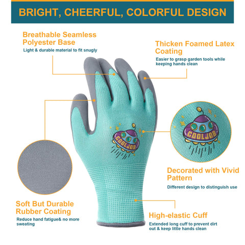 COOLJOB kids gardening gloves non-slip coating enhances tool grip during tasks.