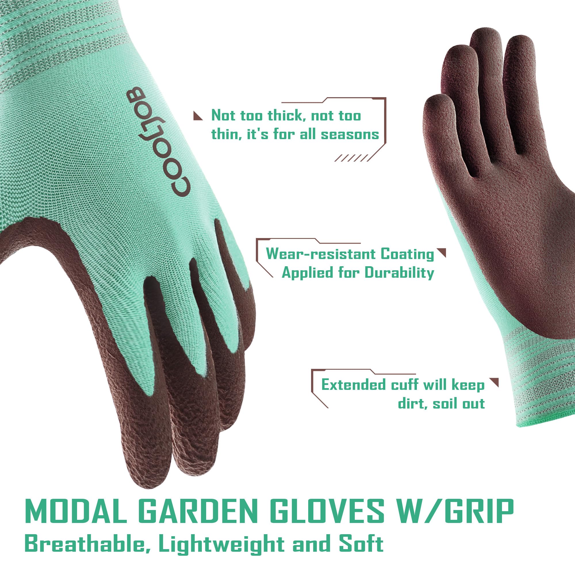 COOLJOB latex palm-dipped gloves enhance grip for pots, tools, and pruning tasks.