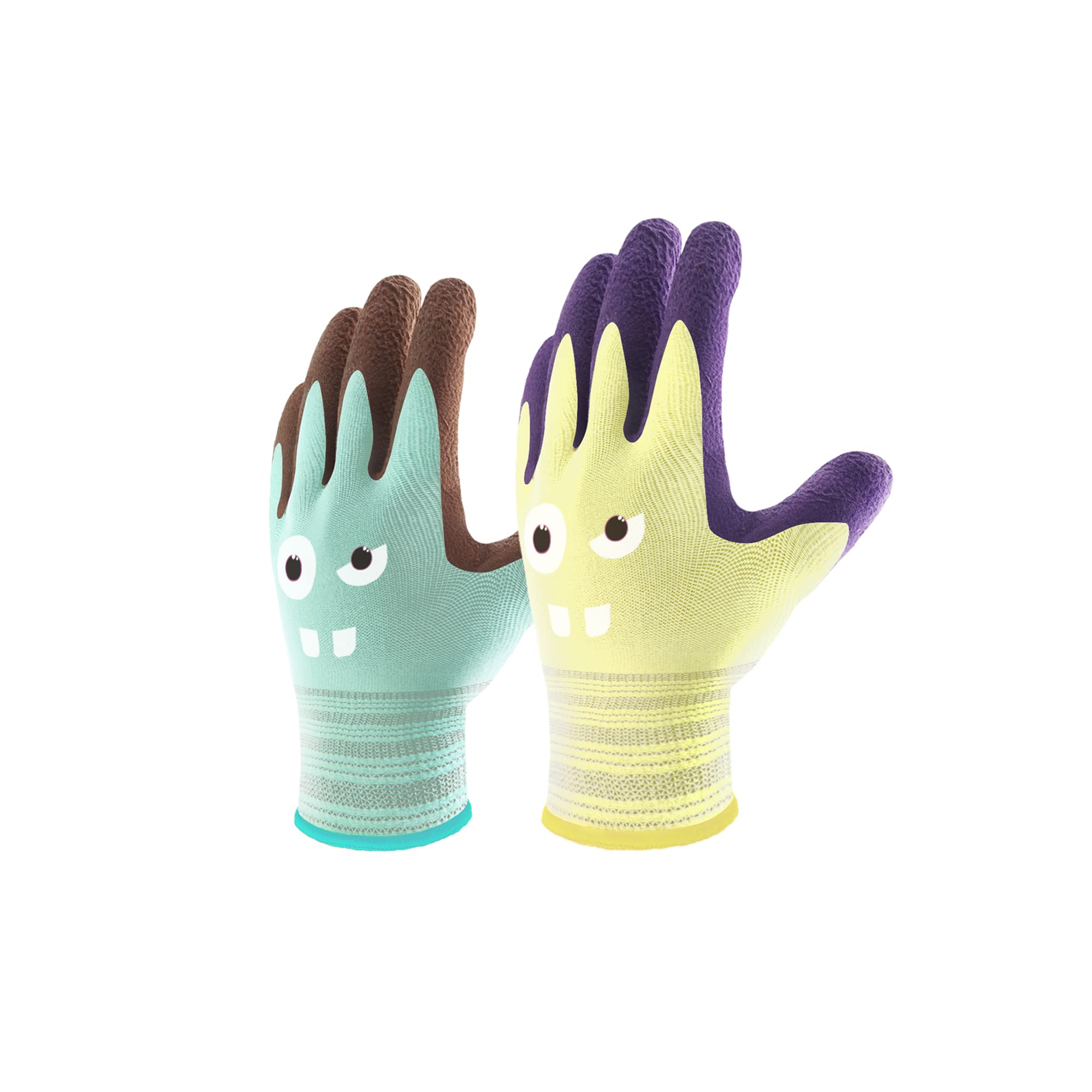 CoolJob Little Monster gloves pack, front view, two toddler sizes for safe gardening