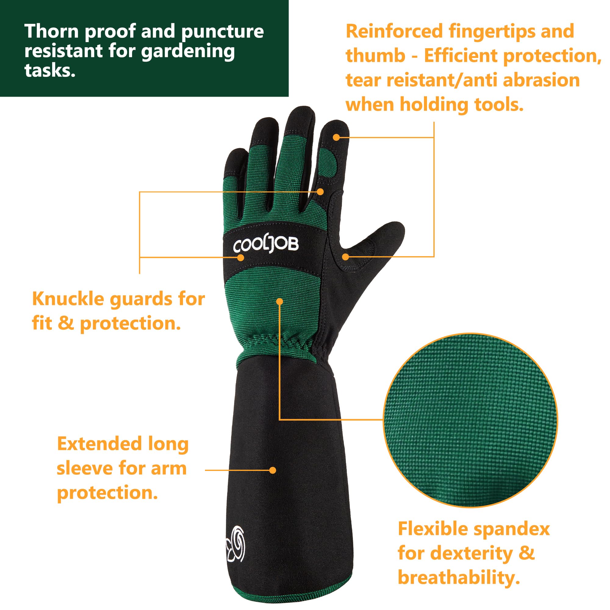 CoolJob long-sleeve padded garden gloves shield forearms during high-reach pruning.