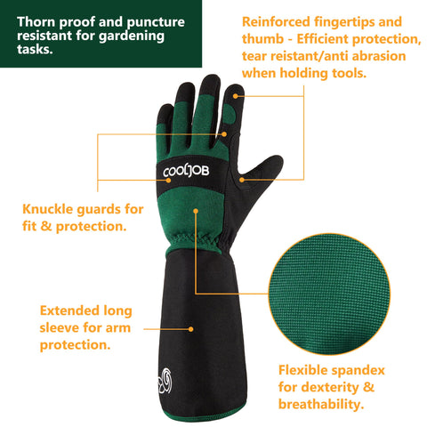 CoolJob long-sleeve padded garden gloves shield forearms during high-reach pruning.