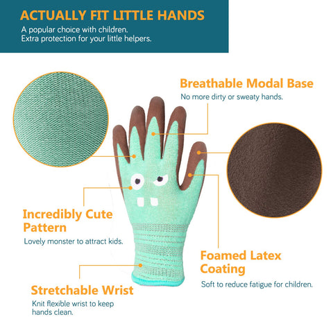 CoolJob kids gloves close-up of monster pattern for playful gardening