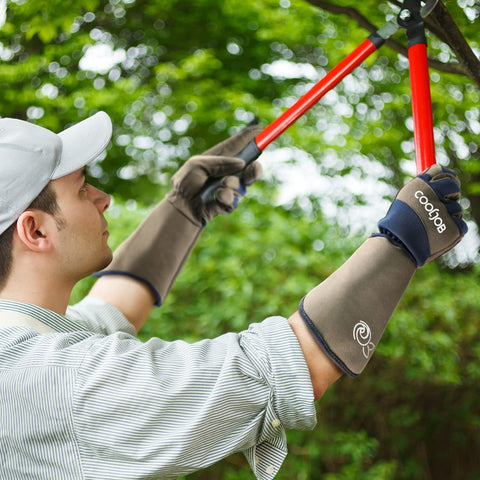 CoolJob navy extended-cuff garden gloves with secure fit for yard tasks.