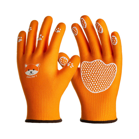 CoolJob toddler gardening gloves with orange dog paw dots for safe gardening