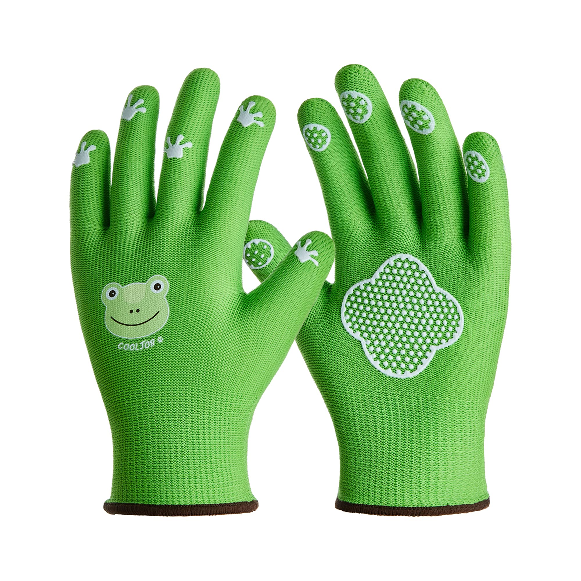 COOLJOB toddler gloves with breathable fabric and paw-dot grip for small gardeners.