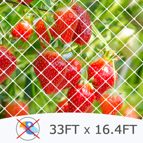 Coolrunner wildlife-friendly netting used as a barrier against deer and birds in a backyard.