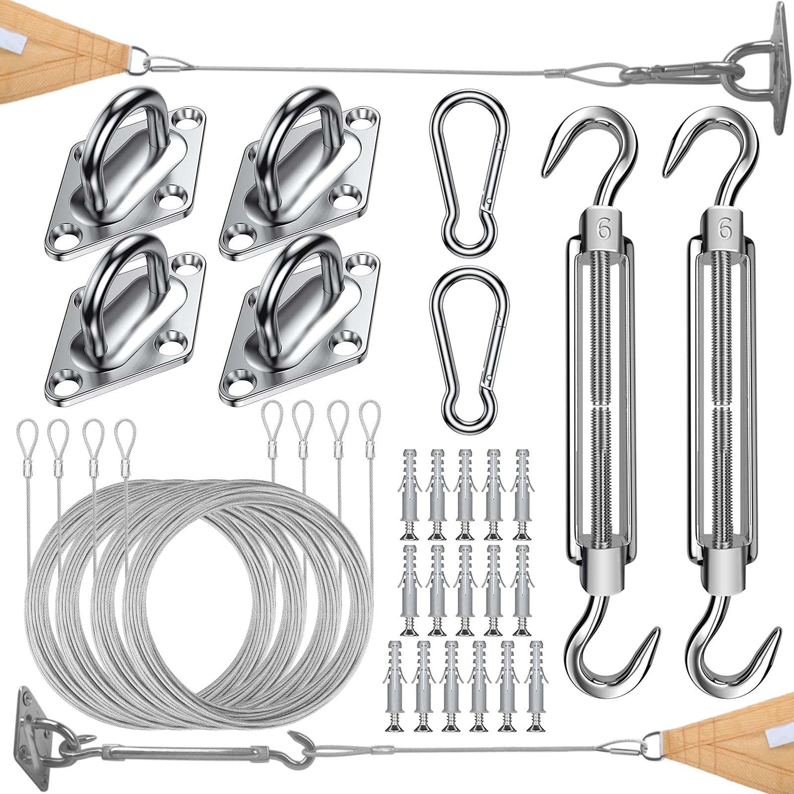 COOLYARD shade sail hardware kit components laid out for secure outdoor installation.