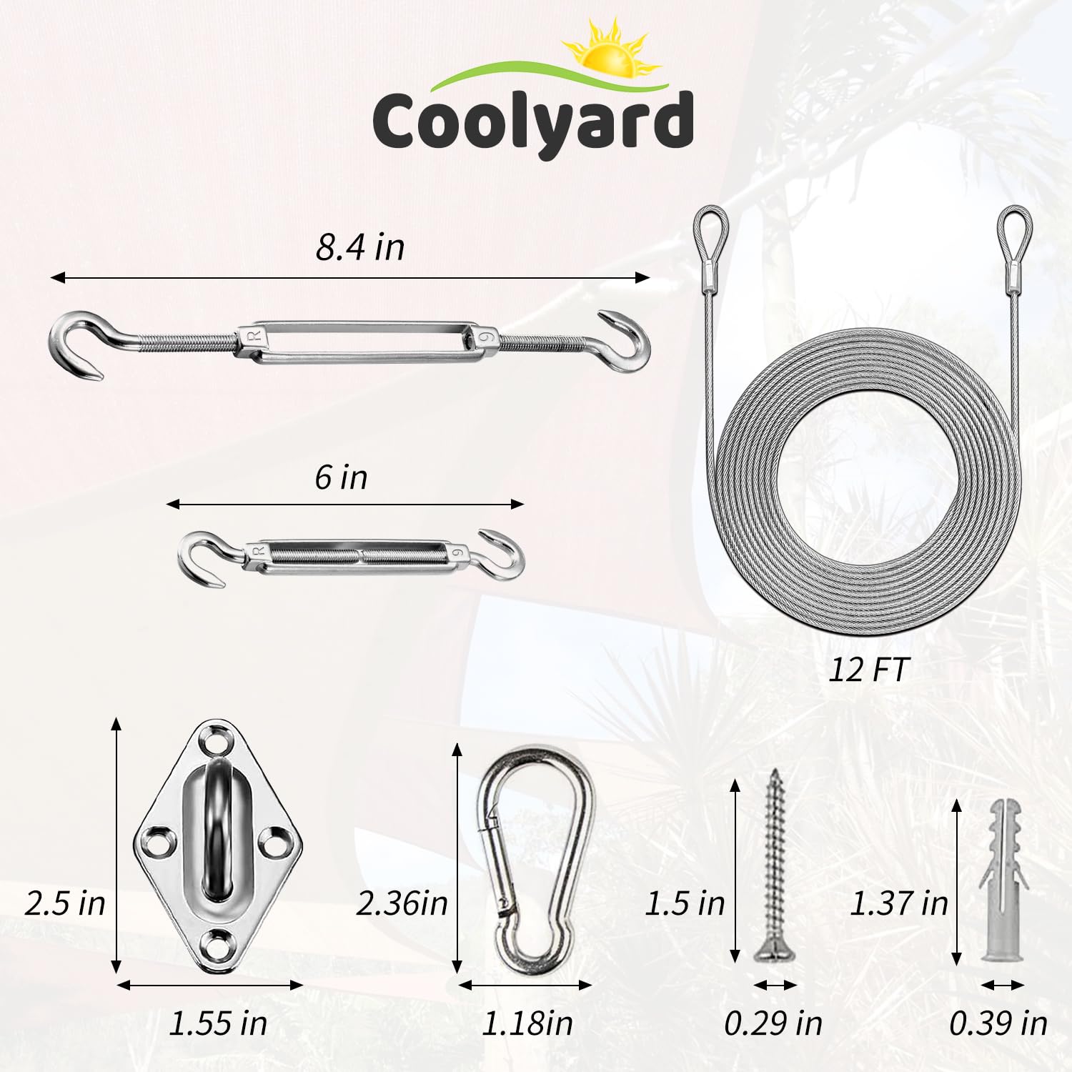 COOLYARD versatile hanging kit shown with various shade sails.