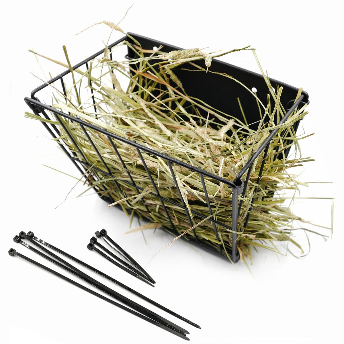 Cooncicy black metal rabbit hay feeder in full view for tidy feeding