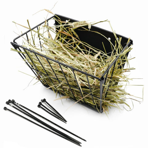 Cooncicy black metal rabbit hay feeder in full view for tidy feeding
