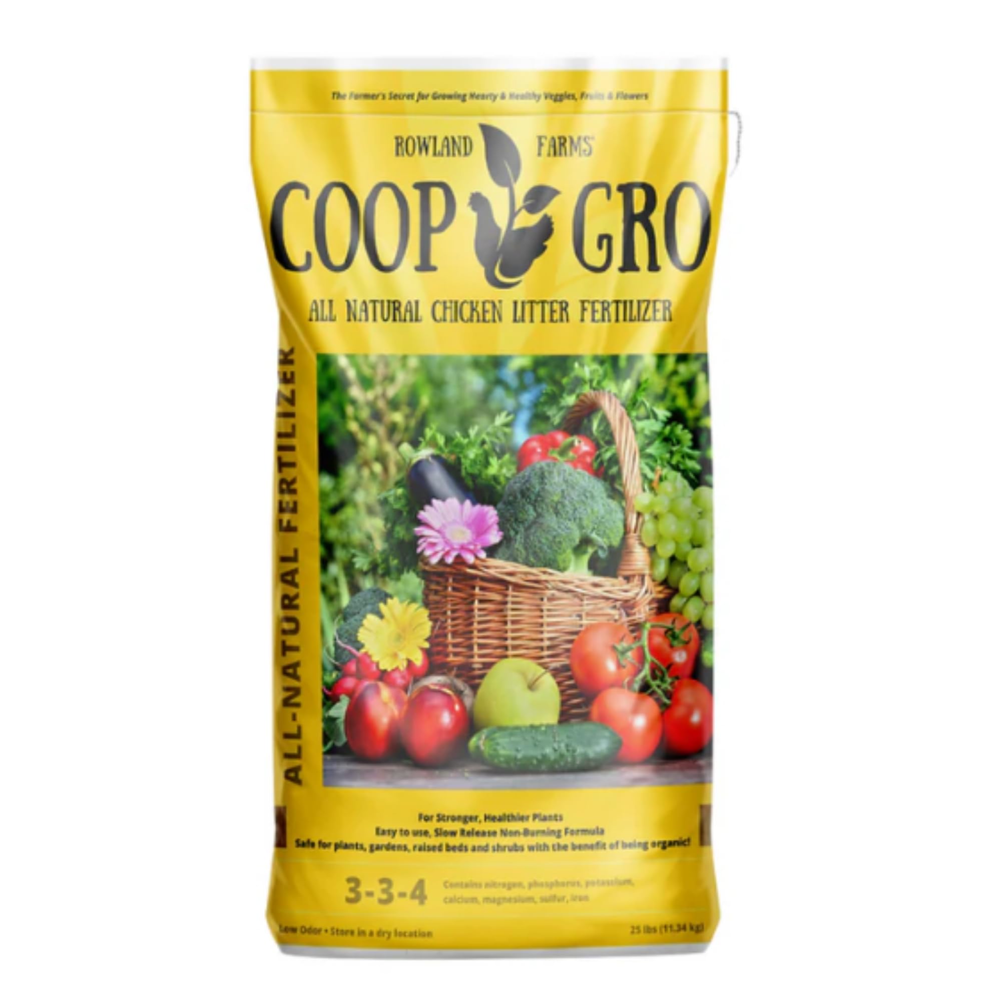 COOP GRO chicken manure pellets in a 25 lb bag for vegetable gardens