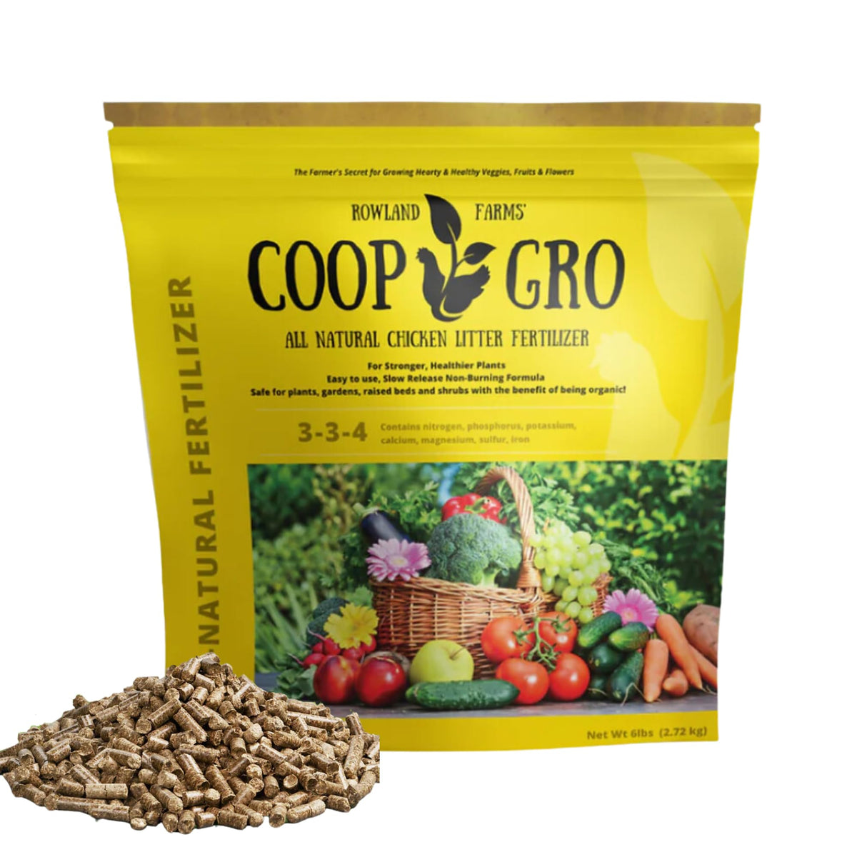 COOP GRO organic chicken manure fertilizer bag showing farm-sourced nutrients for rich soil.