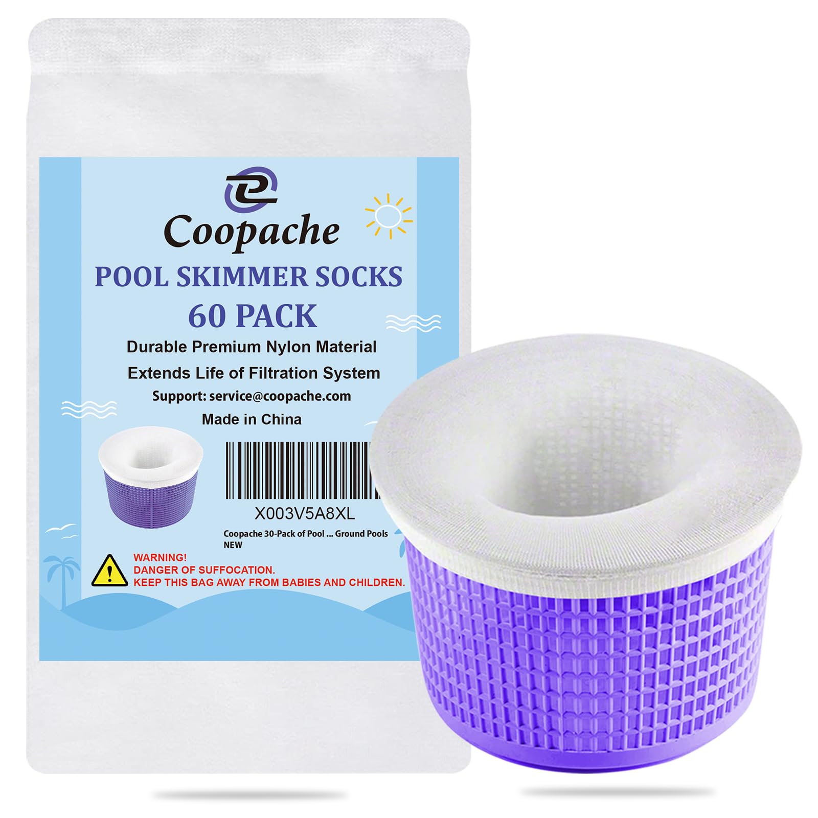 Coopache pool skimmer sock on basket captures leaves and hair for cleaner water