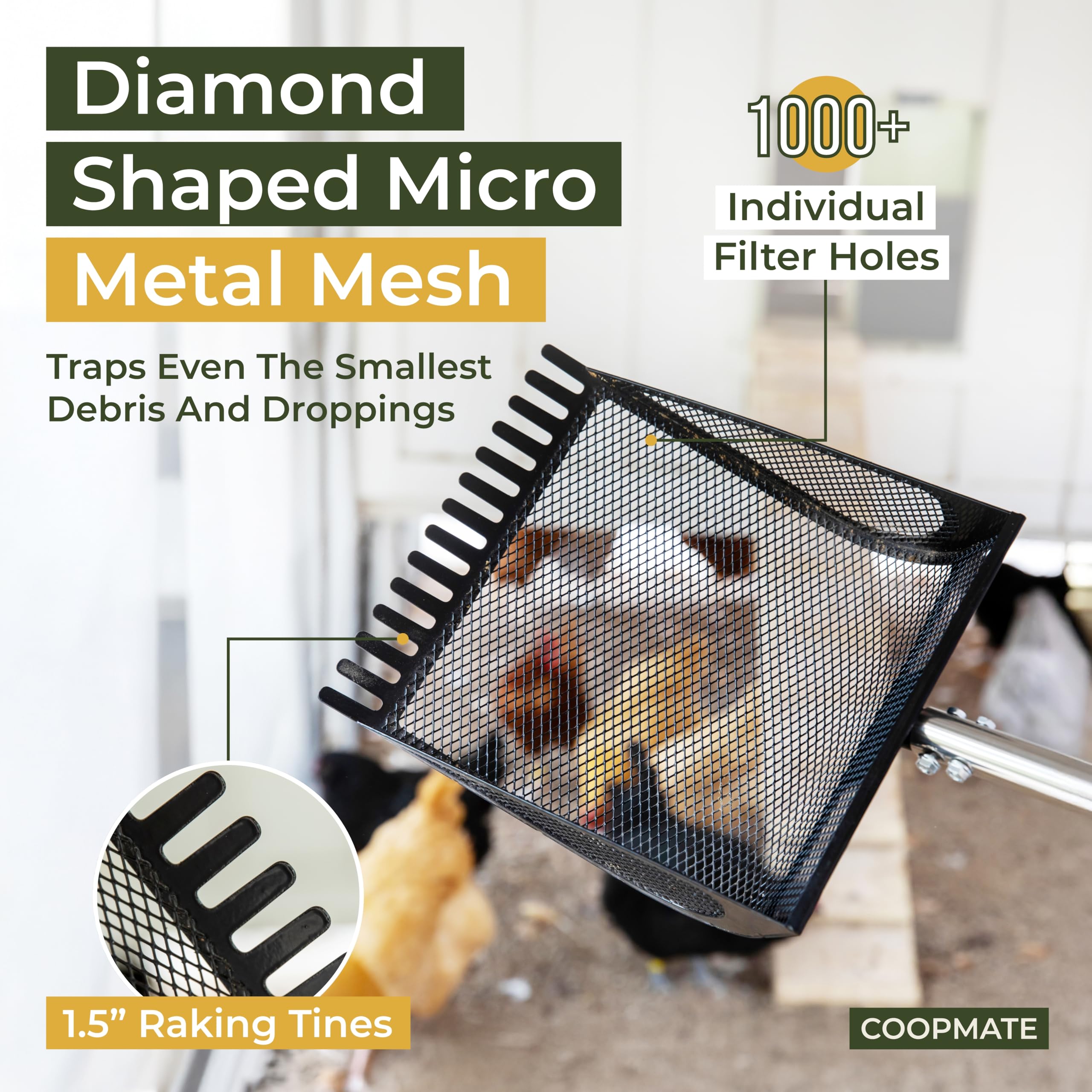 CoopMate adjustable handle extends from 12 to 53 inches for reach.