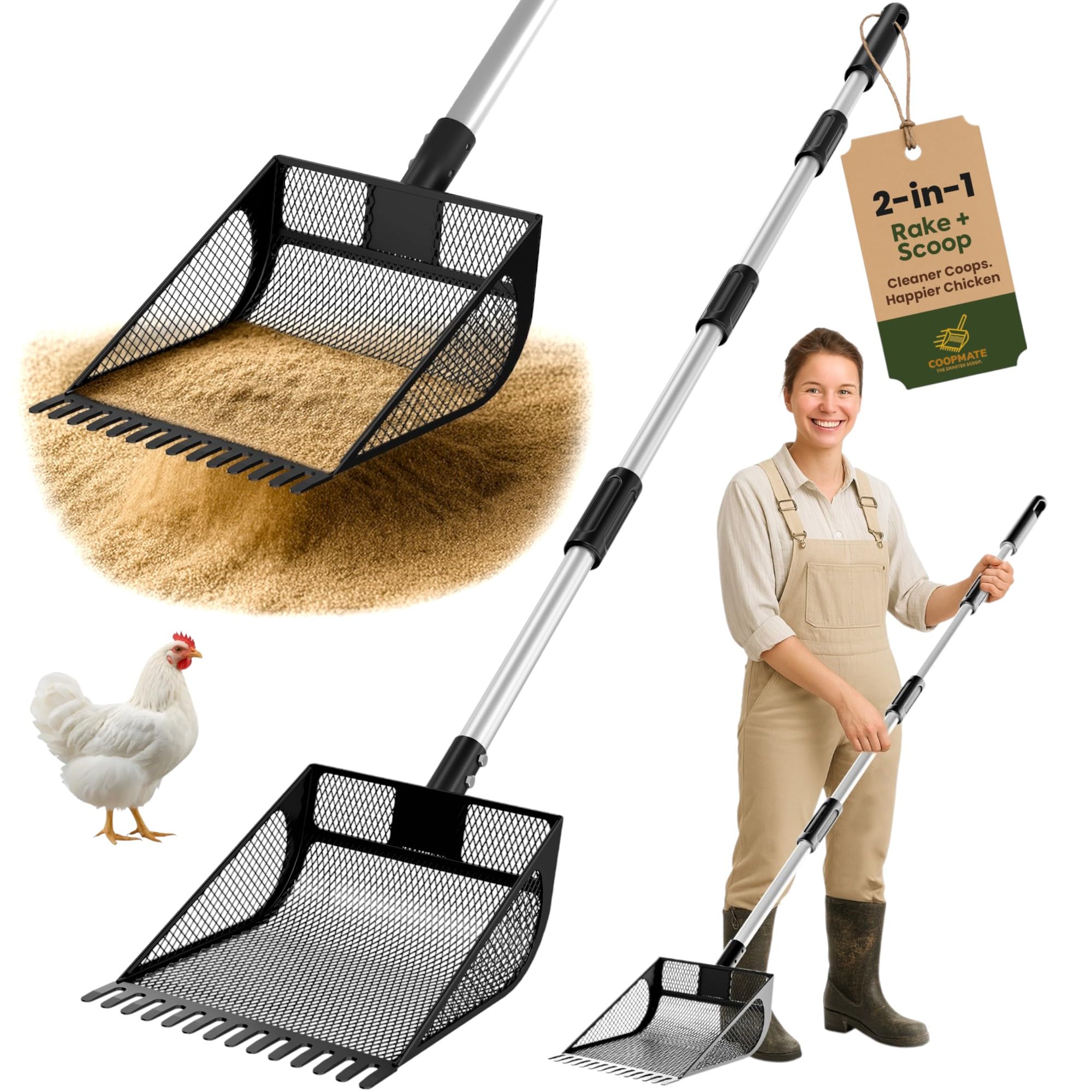 CoopMate 2-in-1 scoop with angled basket for flat-ground cleanup.