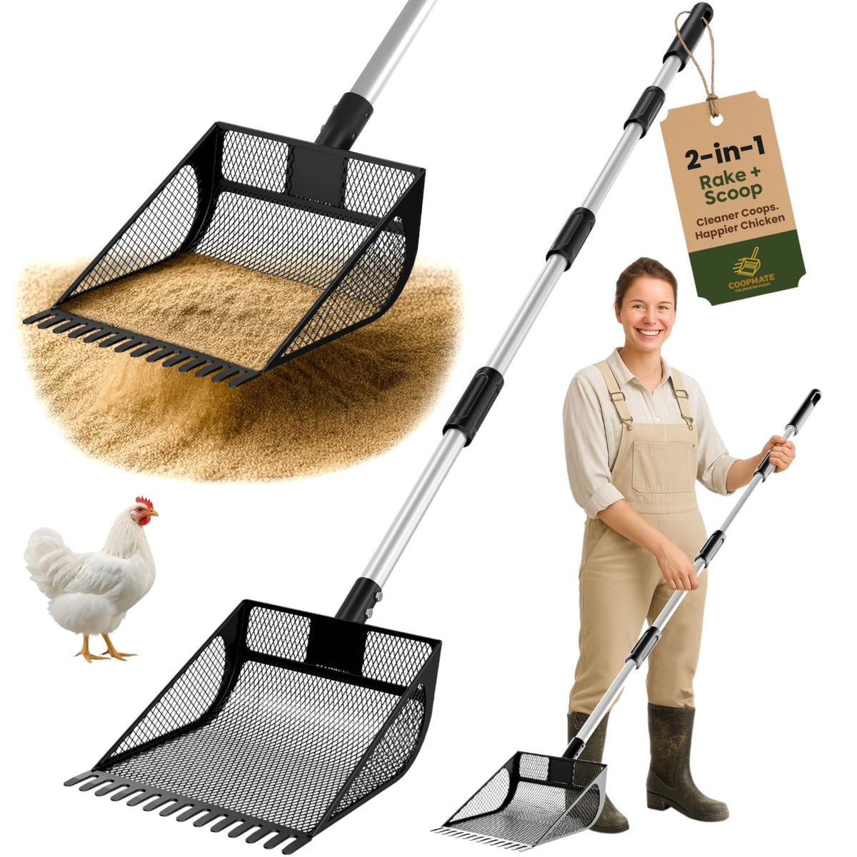 CoopMate 2-in-1 scoop with angled basket for flat-ground cleanup.