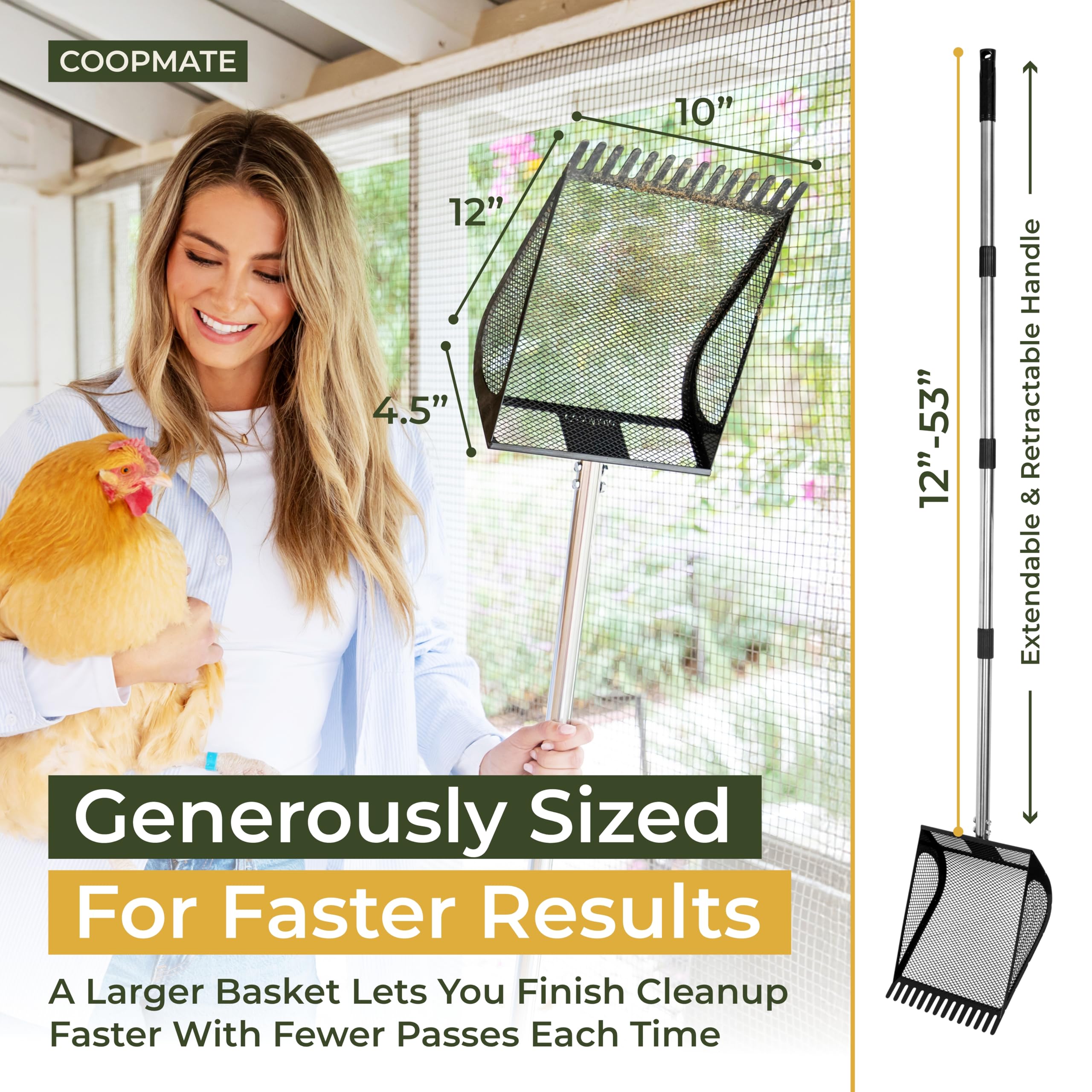 CoopMate stainless steel handle with powder-coated frame stands up to daily use.