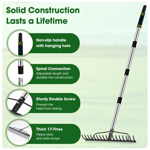 Coopvivi adjustable-handle garden rake extended for tall users