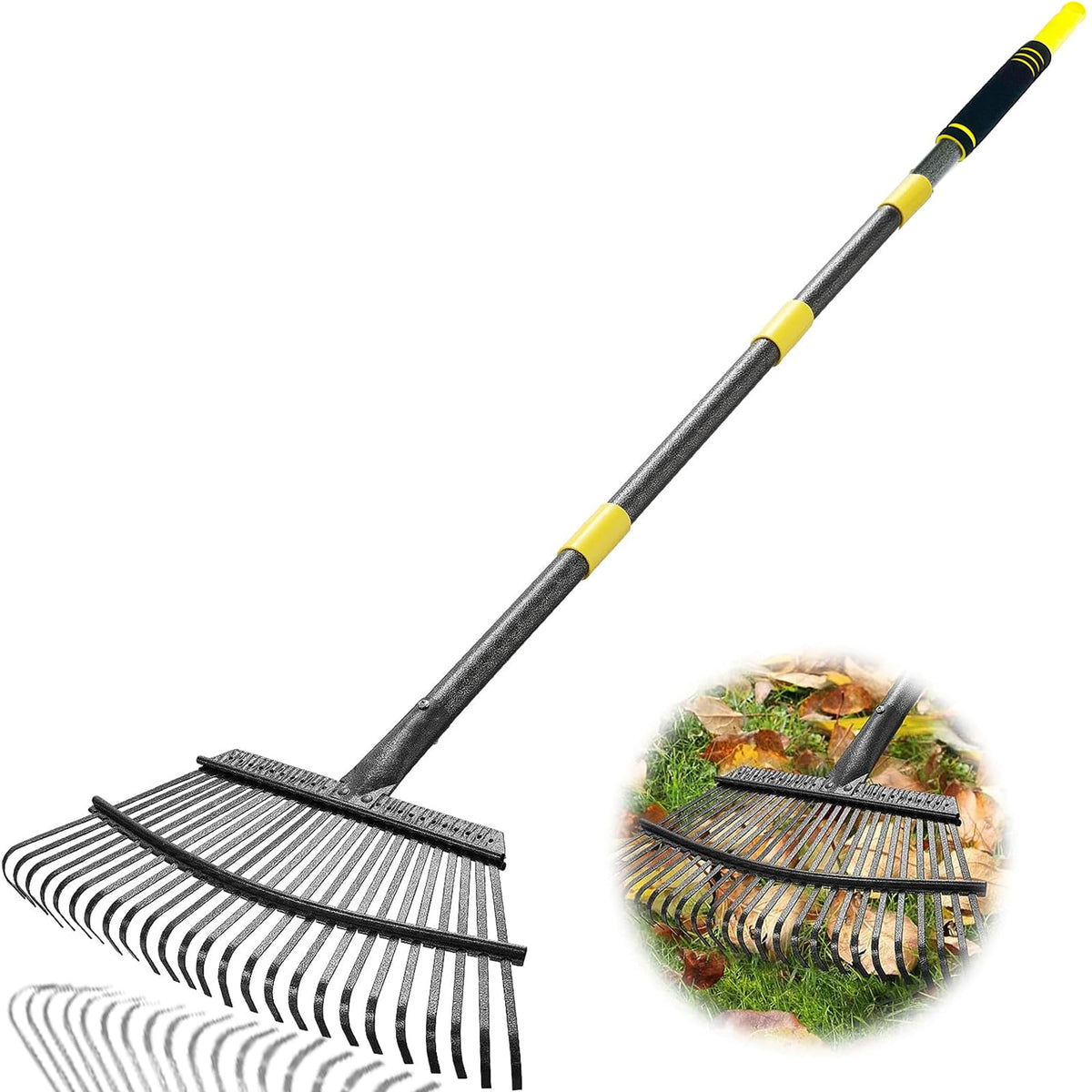 Coopvivi garden leaf rake with an 18.5-inch head clearing leaves efficiently
