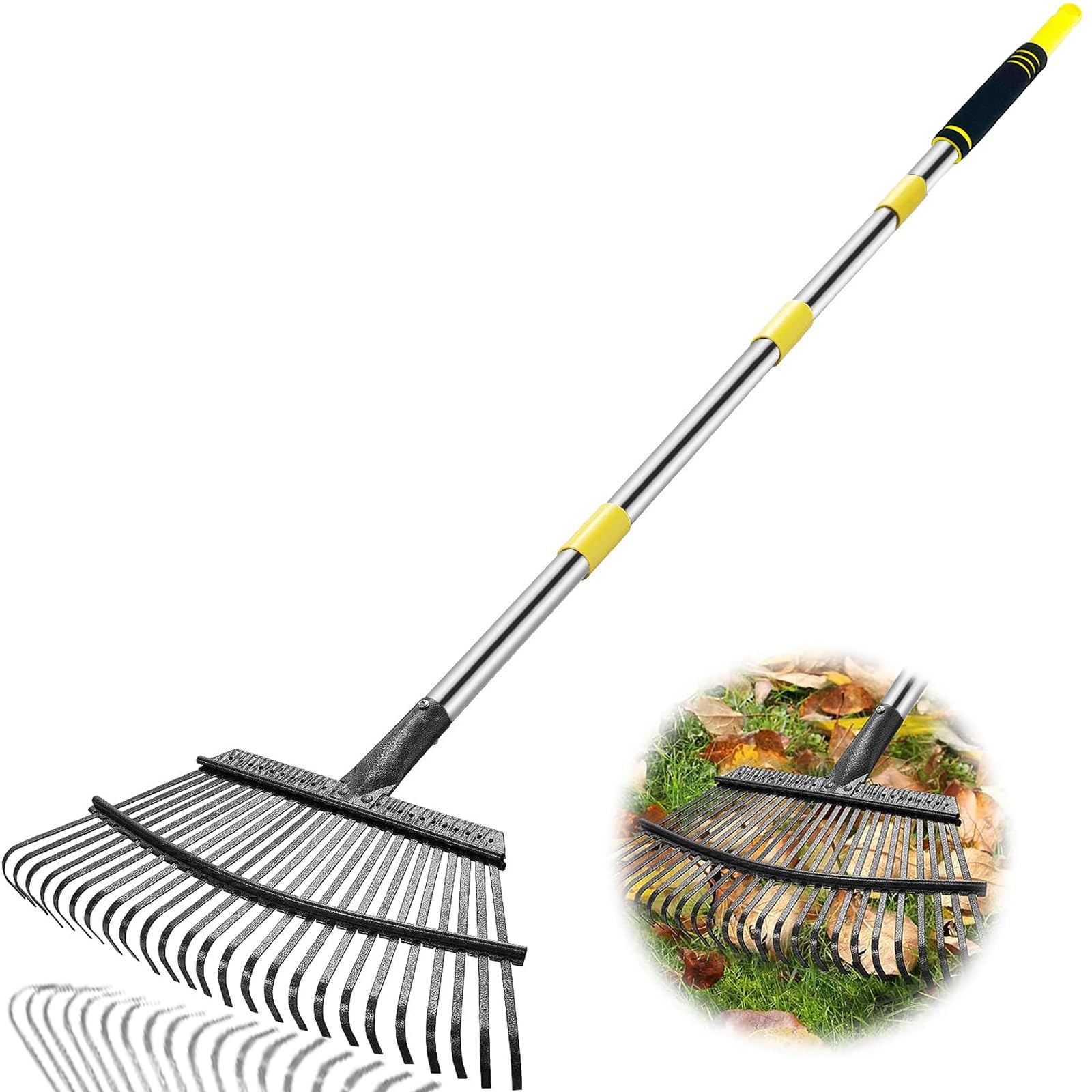Coopvivi rake with a wide 25-tine head for rapid leaf gathering.