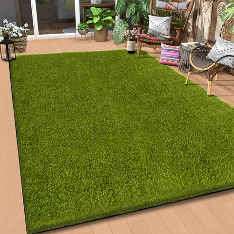 CooRug 5x8ft artificial grass outdoor layout shows lush blades for a natural patio look.