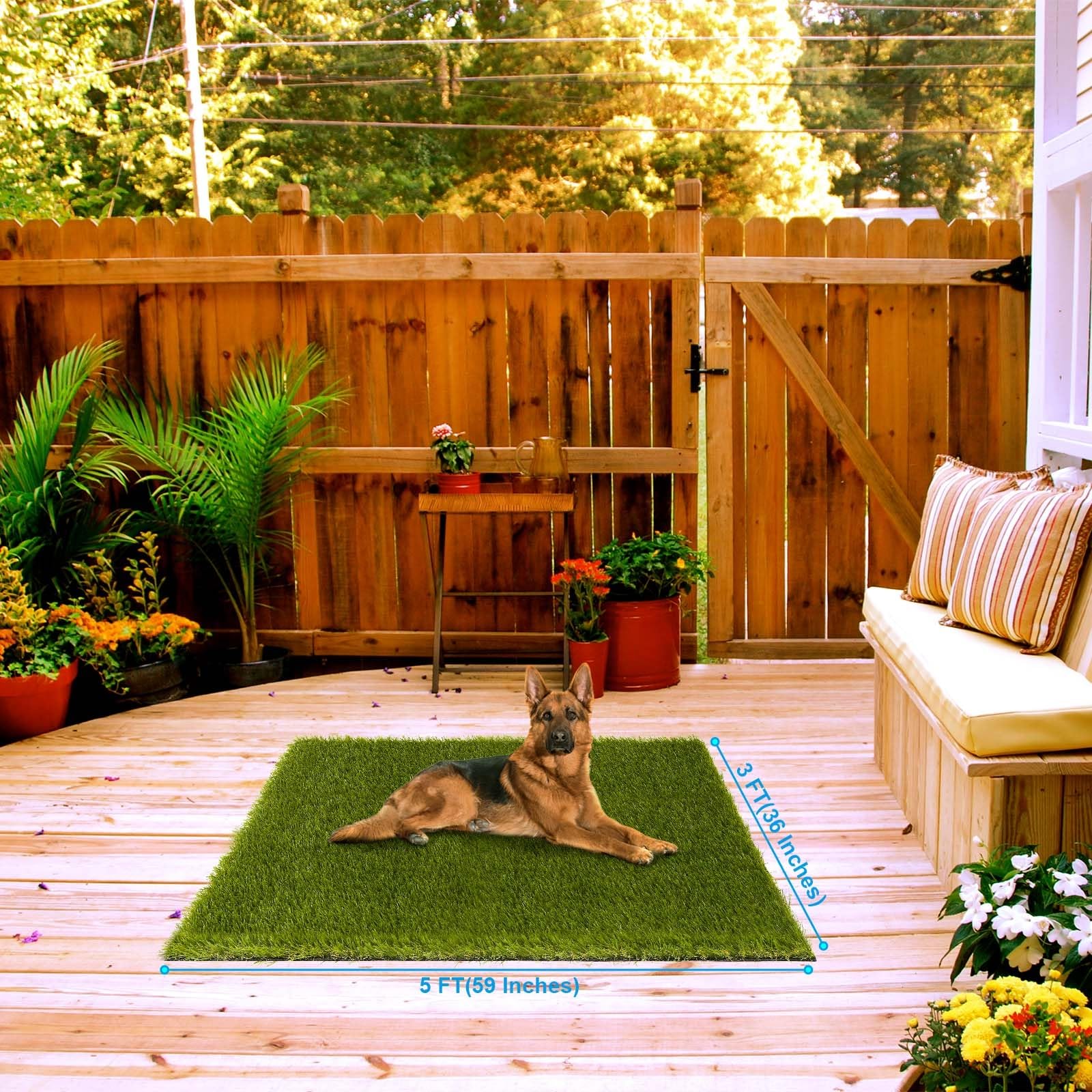 CooRug artificial grass patio setup shows easy arrangement for balcony or deck spaces.