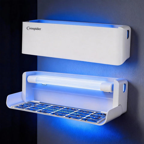 Coospider-Repta fly trap wall-sconce-uv-lamp quietly attracts and captures insects in kitchens.