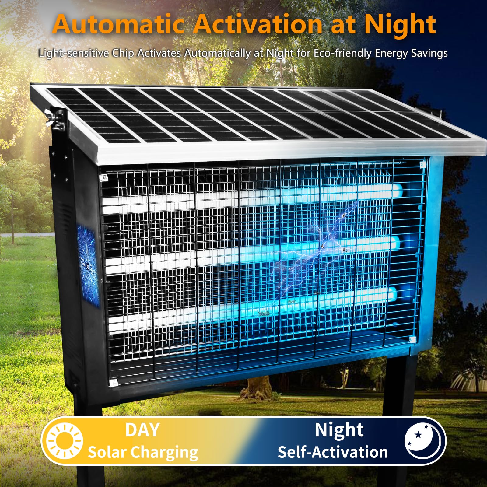 Coospider-REPTA three LED tubes emit UV light to attract pests.