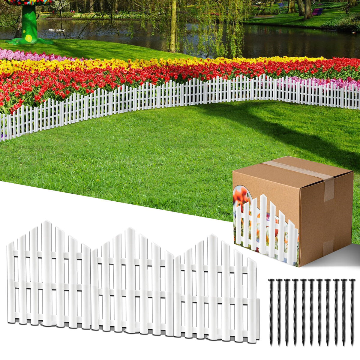 CooTentler garden edging border no-dig 13ft white with stakes creates clean defined garden edges.