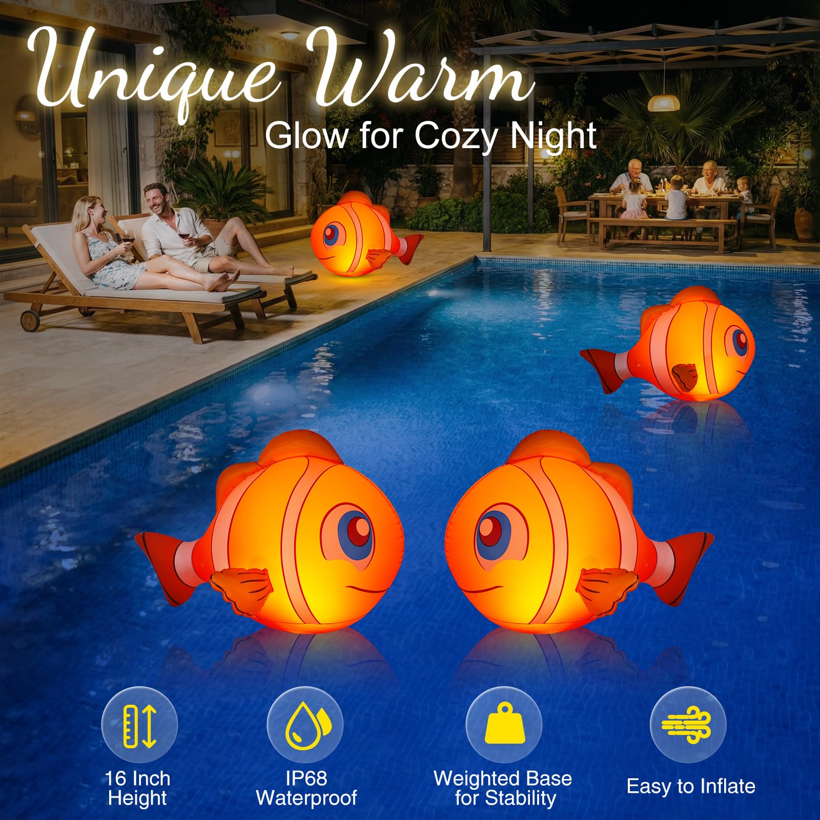 Cootway clownfish glows at dusk for cozy pool evenings.
