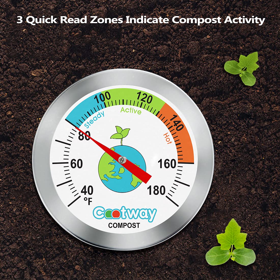 Cootway compost thermometer dial close-up showing color-coded ranges.