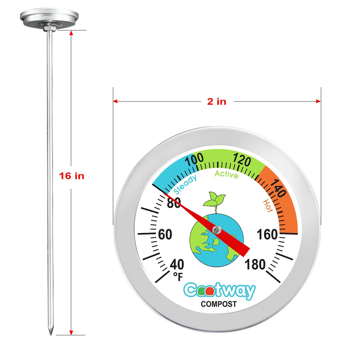 Cootway compost thermometer sturdy stem and heavy-duty construction.