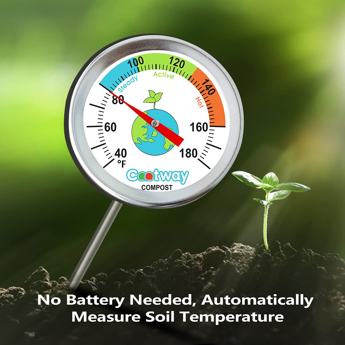 Cootway compost thermometer with temperature guide included.