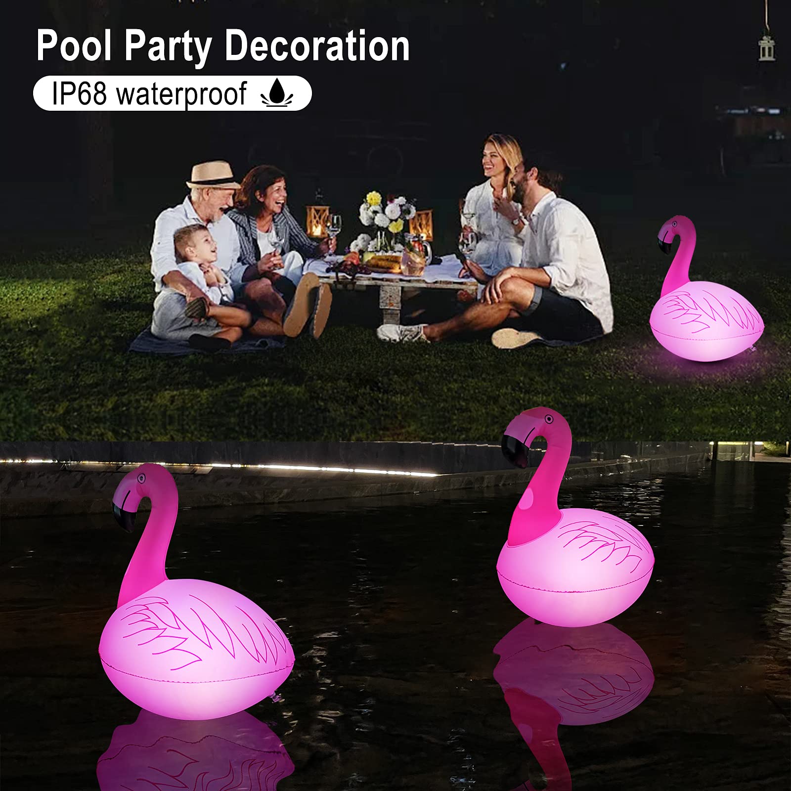 Vibrant color display from Cootway flamingo pool light at dusk