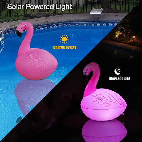 Cootway solar-powered flamingo pool lights glow at night for ambient backyard lighting