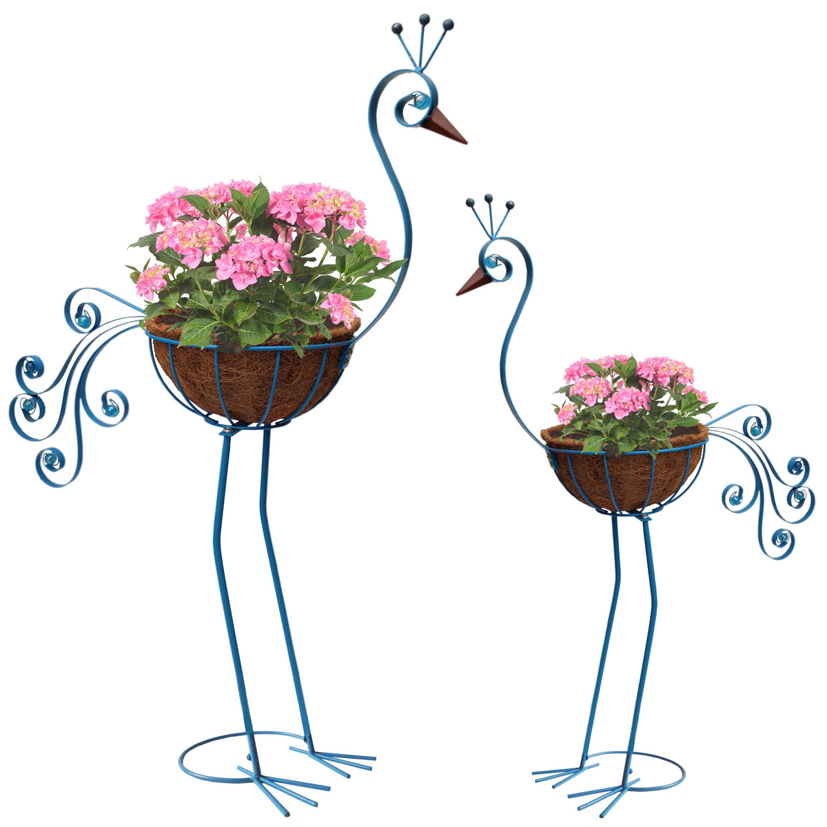 COOZZYHOUR metal peacock planter with blue finish for stylish outdoor displays.