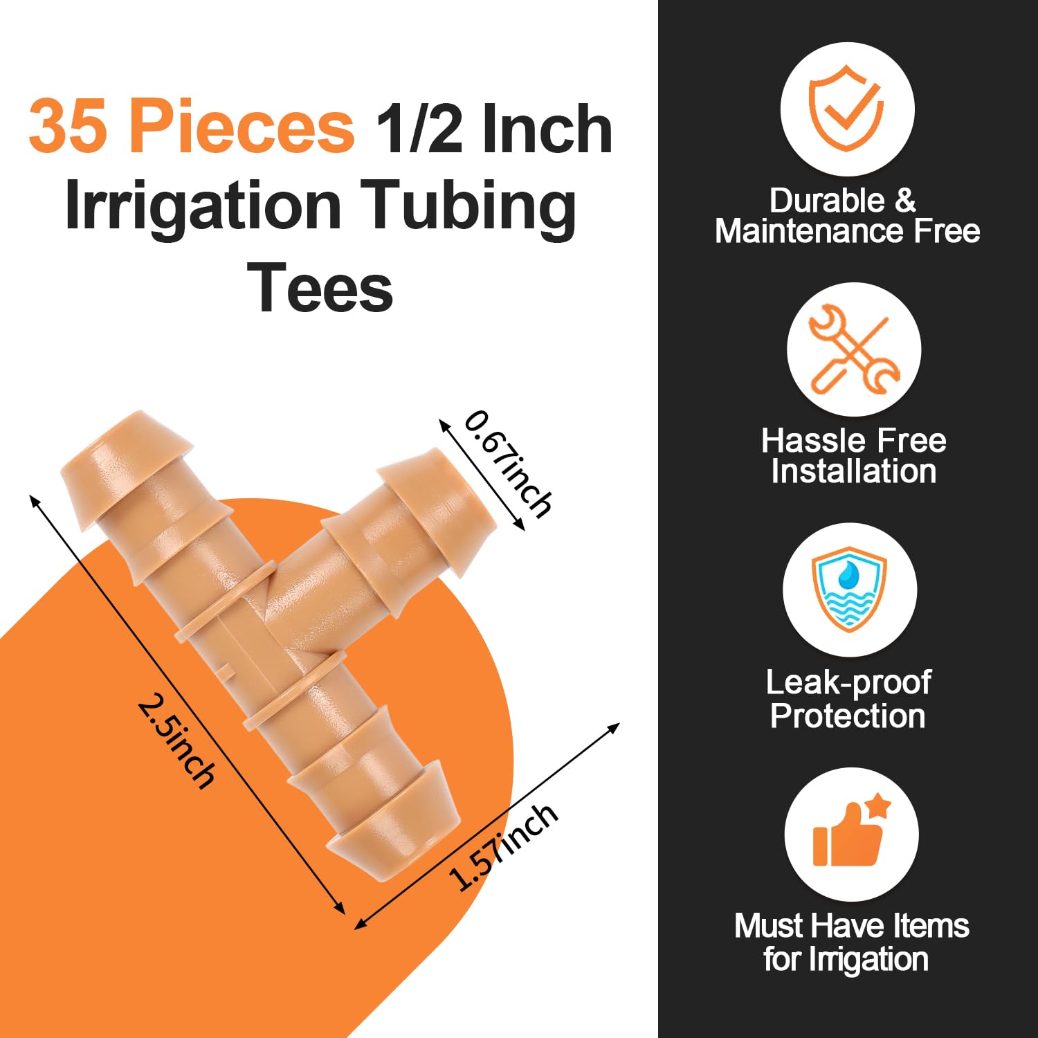 Copadri barbed tee fittings secure 1/2 inch tubing without tools.