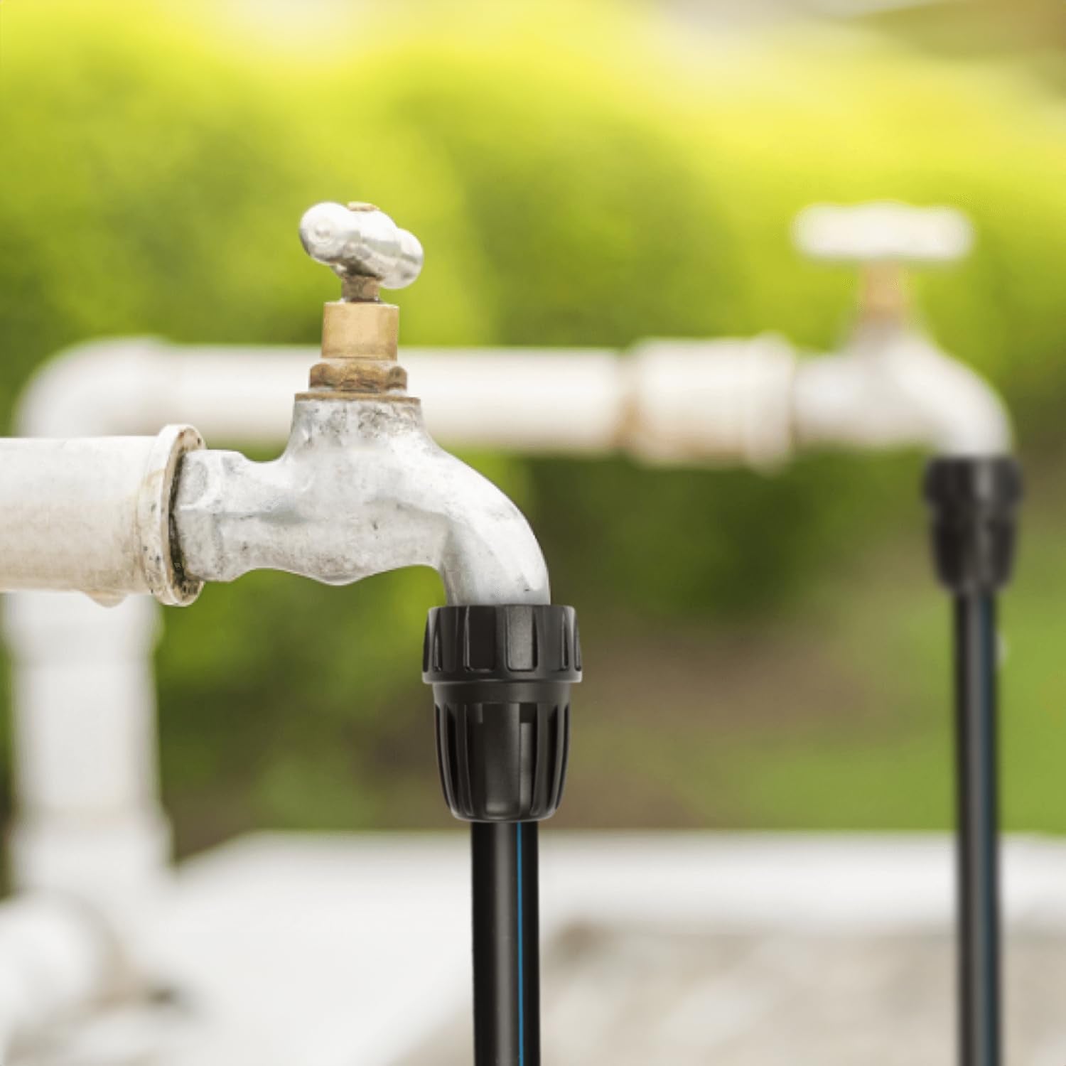 Copadri faucet attachment links hose bib to drip line