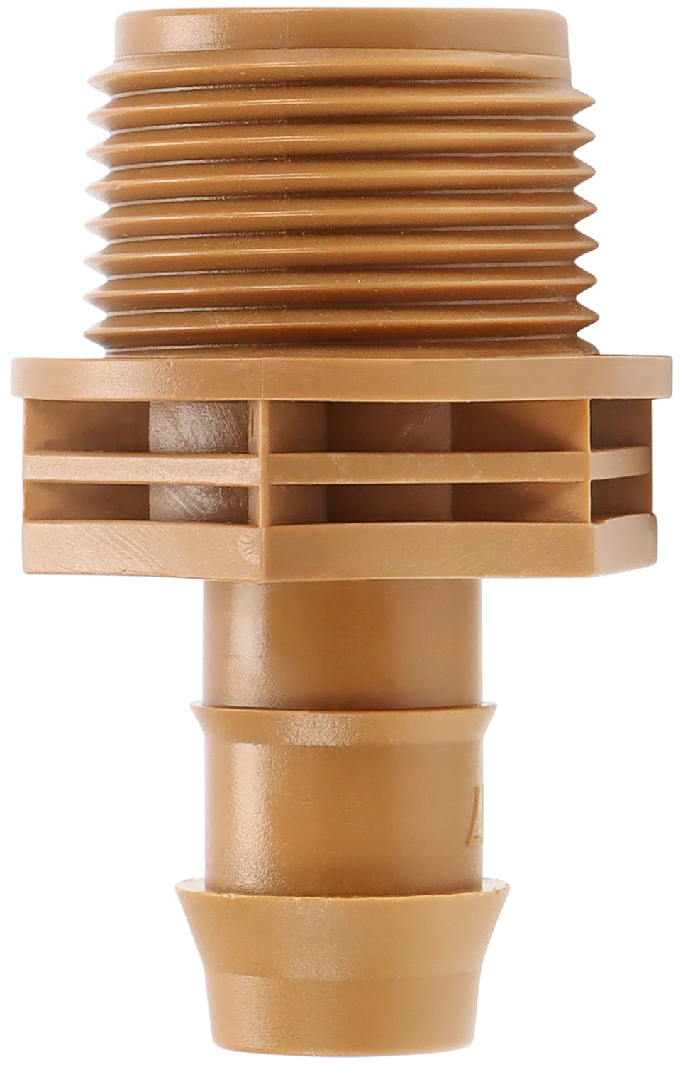 Copadri pvc-drip-adapter close-up shows 3/4in MPT to 1/2in barb connection for easy setup.