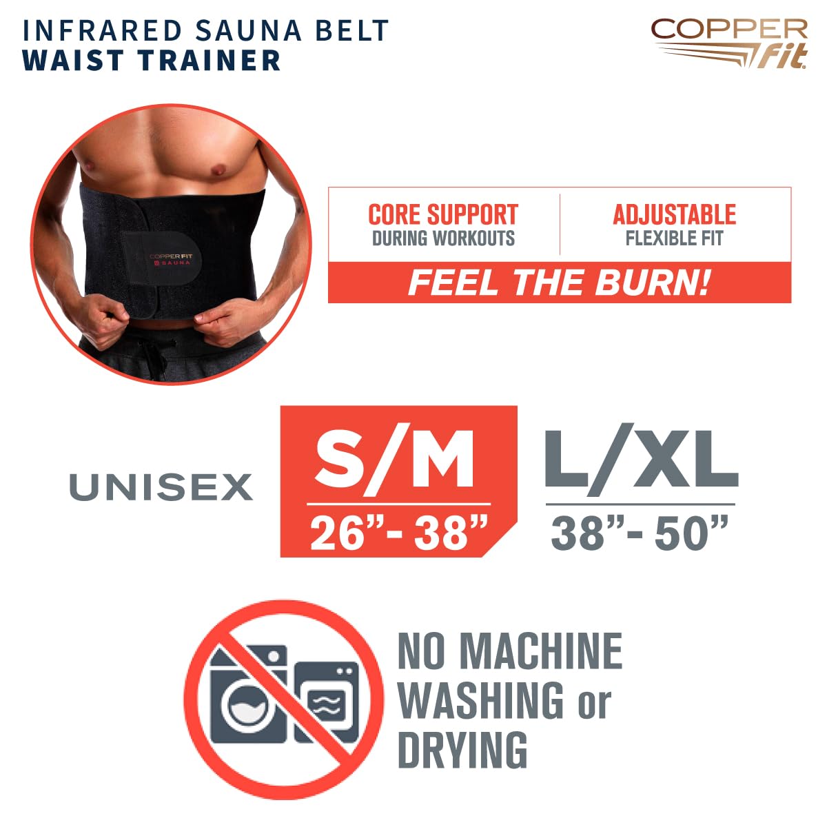 Copper Fit sauna belt adjustable closure shown for easy fitting