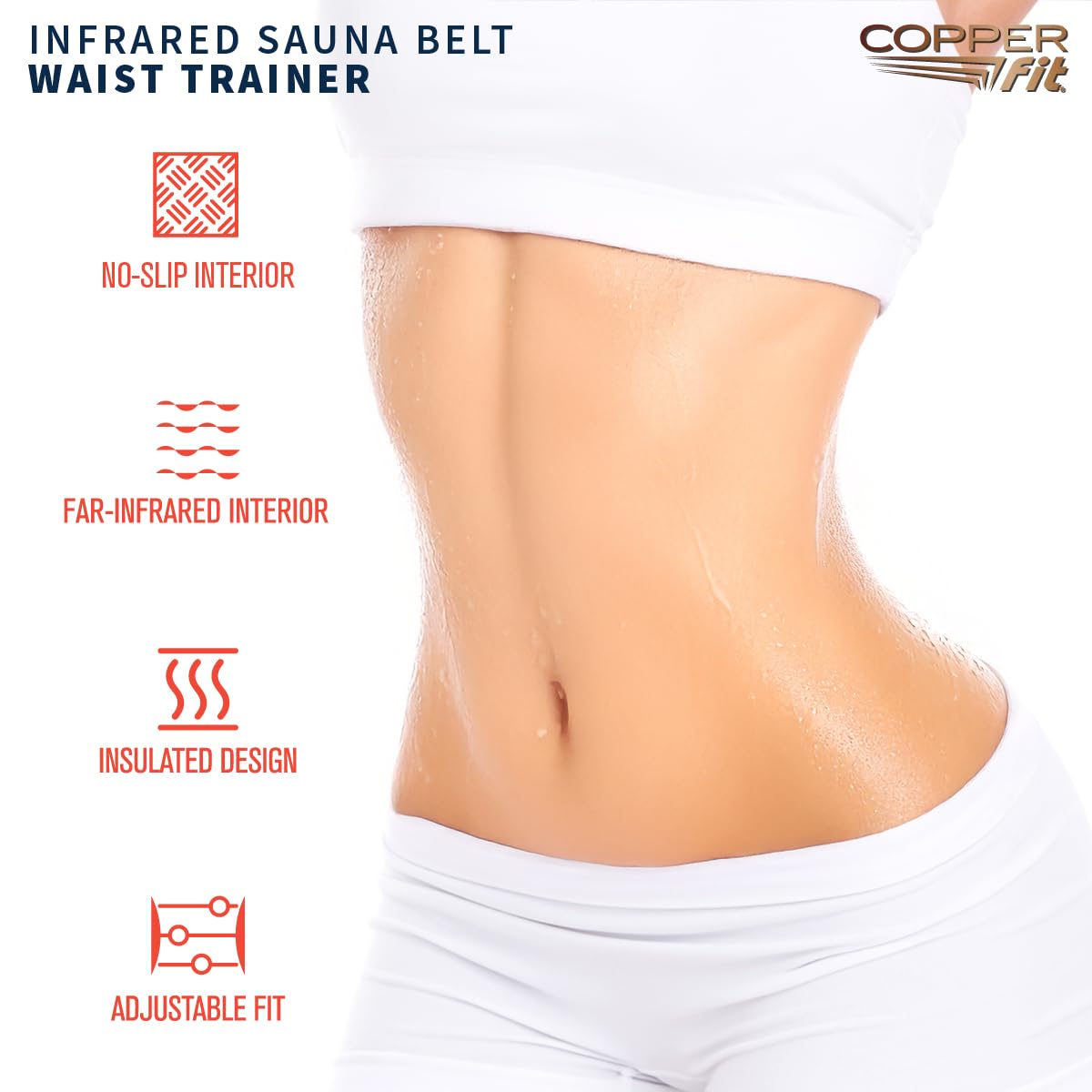Model wearing Copper Fit belt to show waist compression and core support